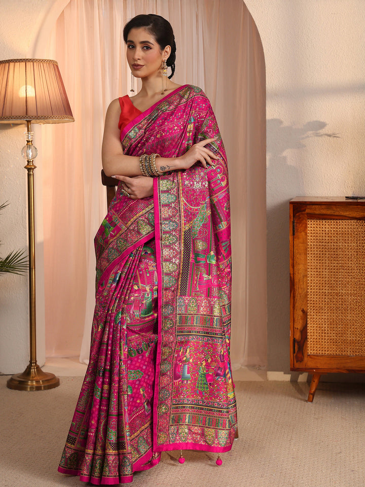 Libas Art Rani Pink Mughal Foil Printed Silk Blend Saree