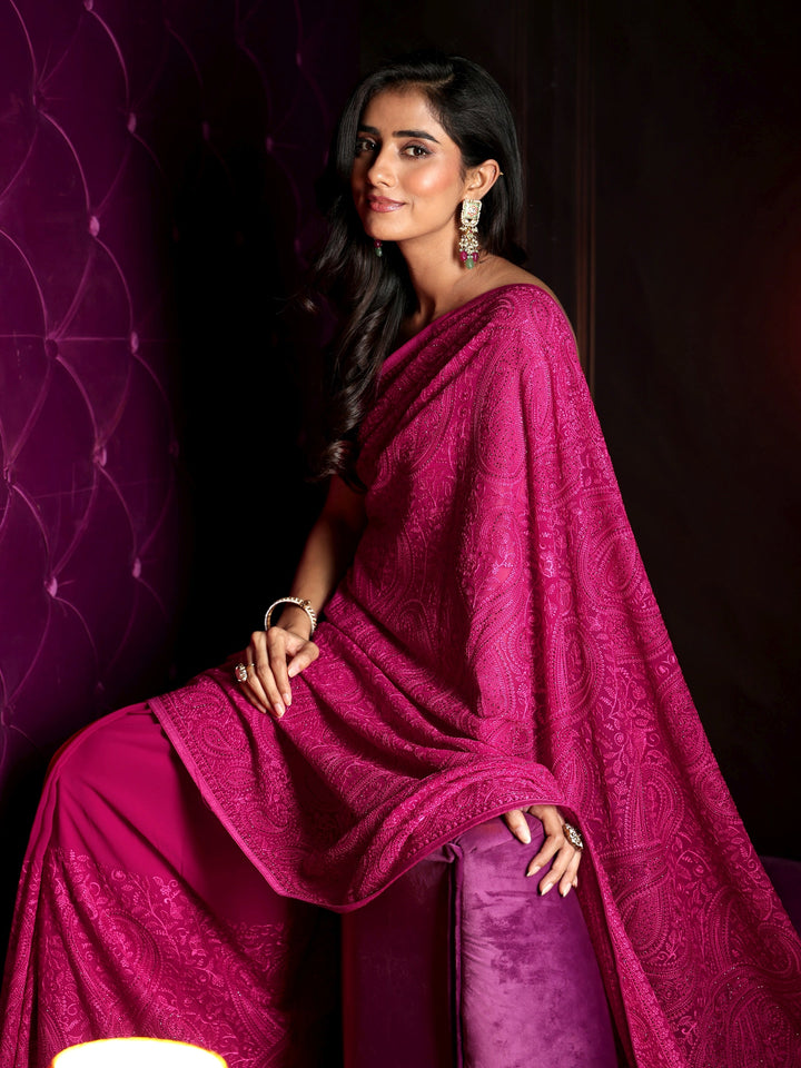 Libas Art Rani Pink Paisley Embroidered Georgette Saree