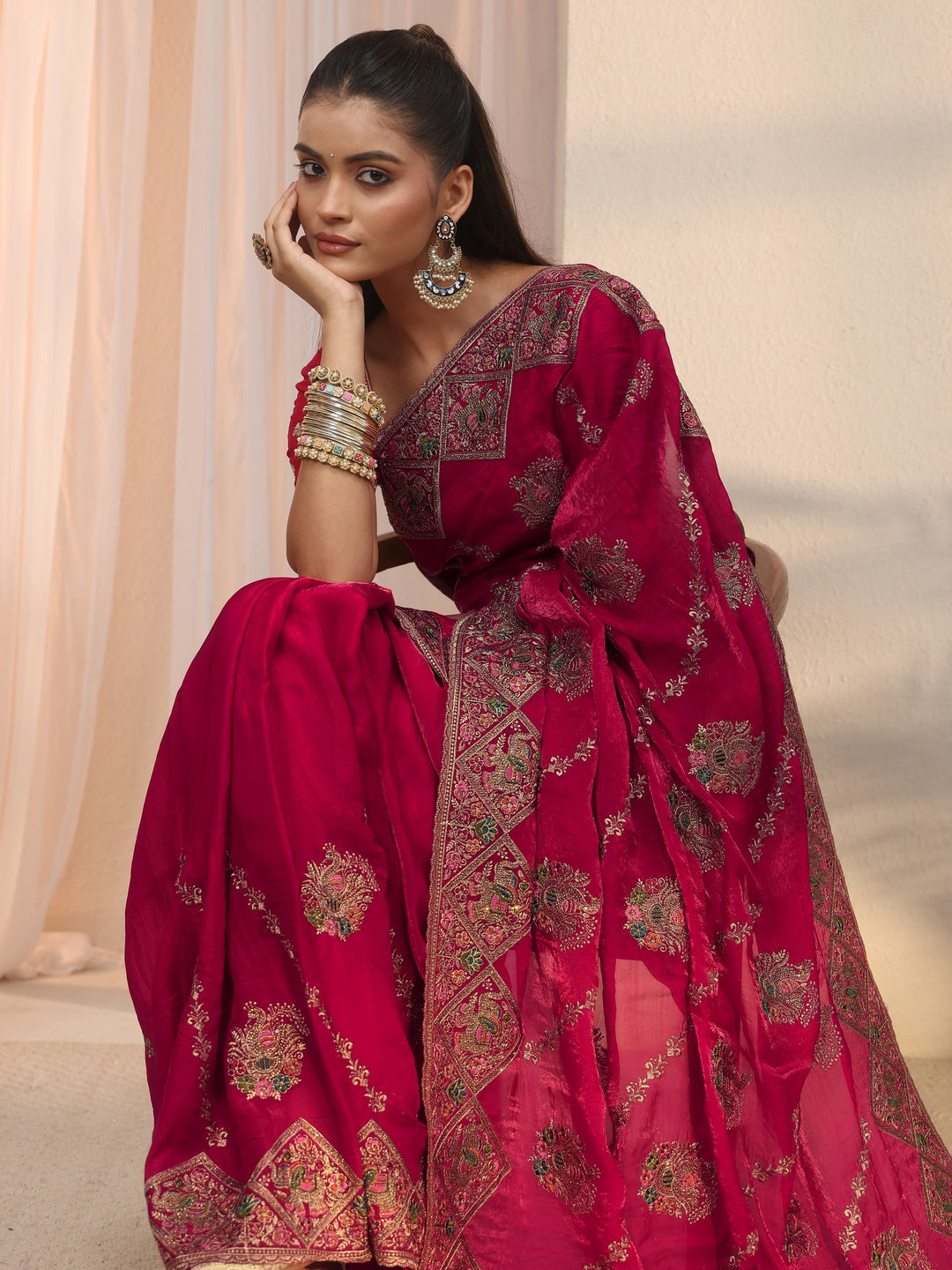 Libas Art Rani Pink Peacock Embroidered Tissue Saree