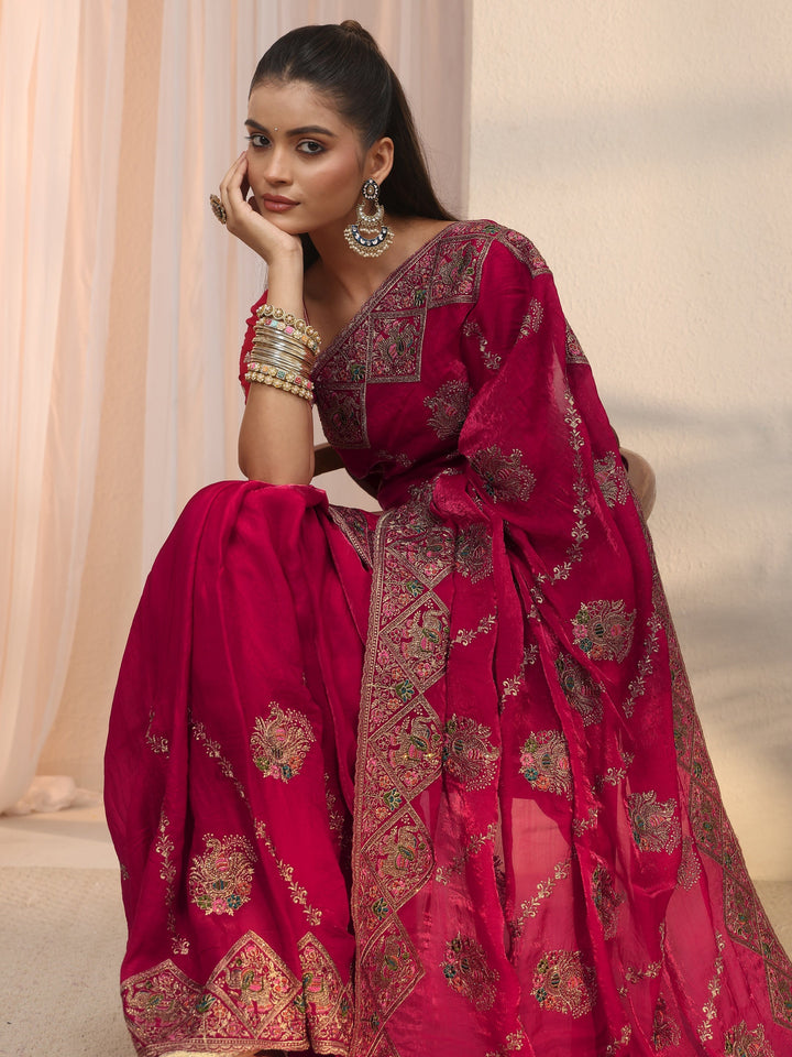 Libas Art Rani Pink Peacock Embroidered Tissue Saree