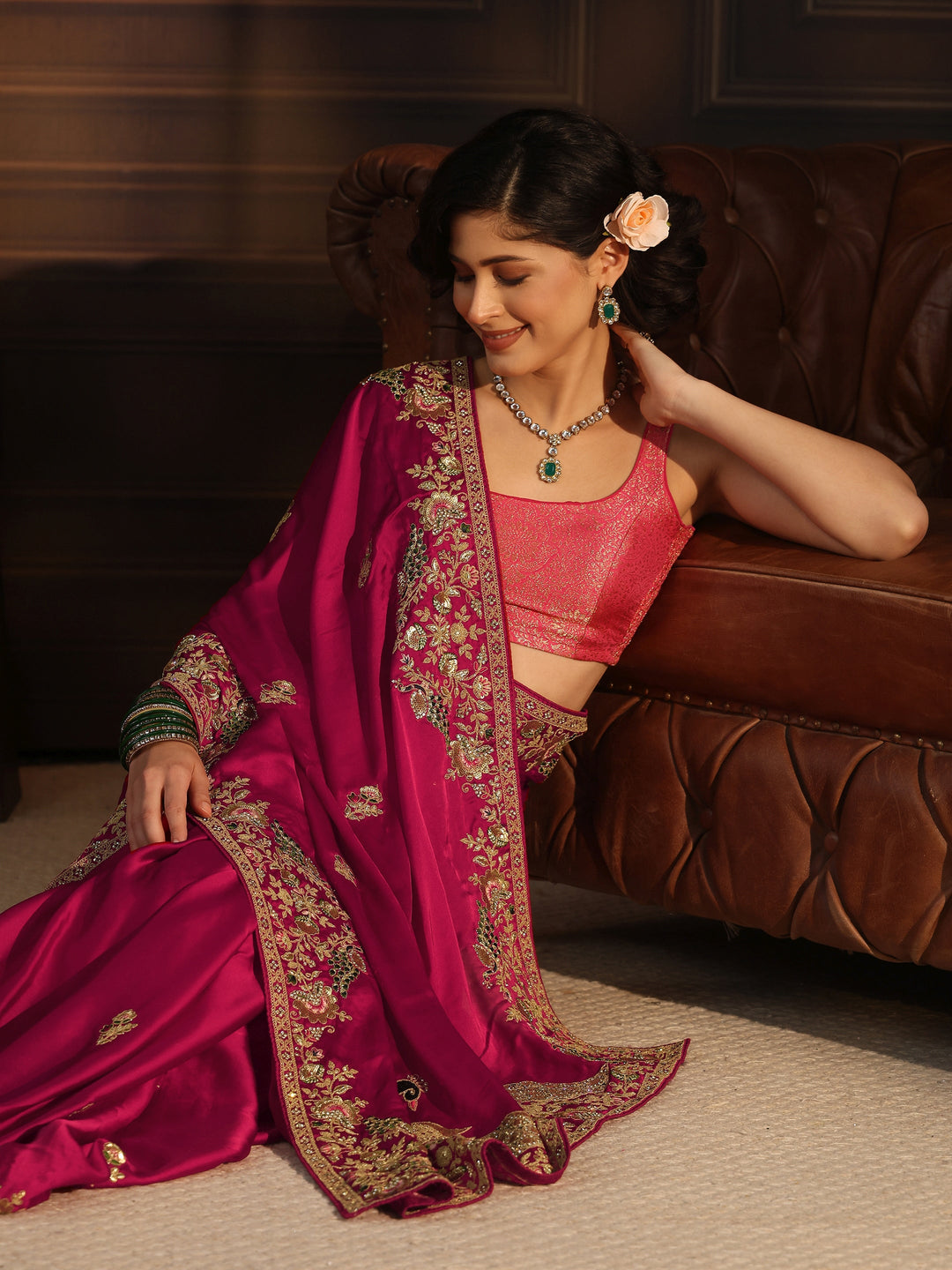 Libas Art Rani Pink Satin Saree with Embellished Border