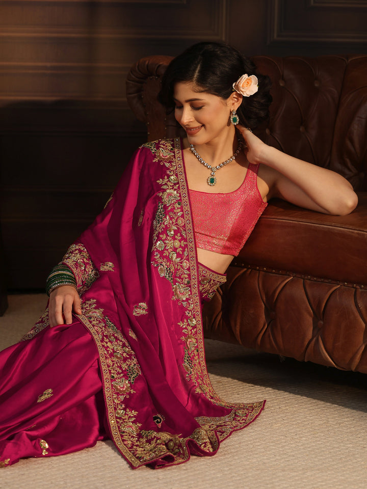 Libas Art Rani Pink Satin Saree with Embellished Border