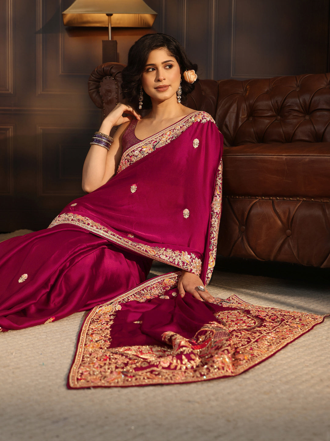 Libas Art Rani Pink Satin Saree with Embellished Border