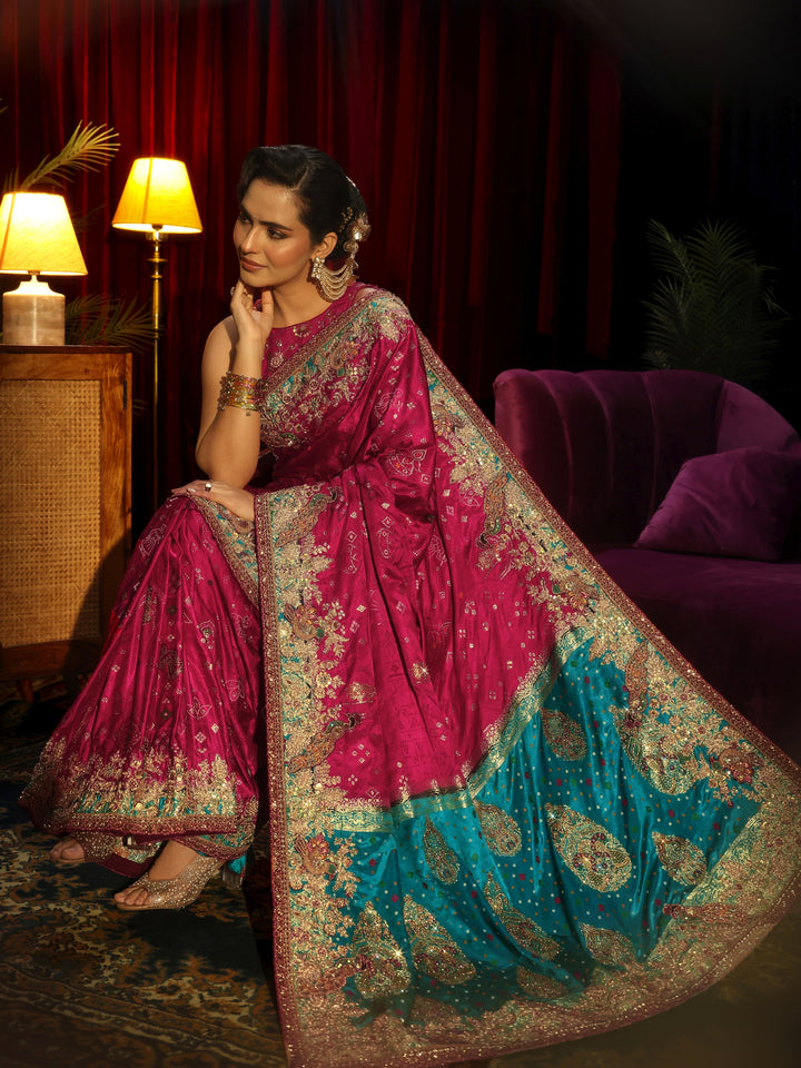 Libas Art Rani Pink Silk Blend Saree with Embellished Border