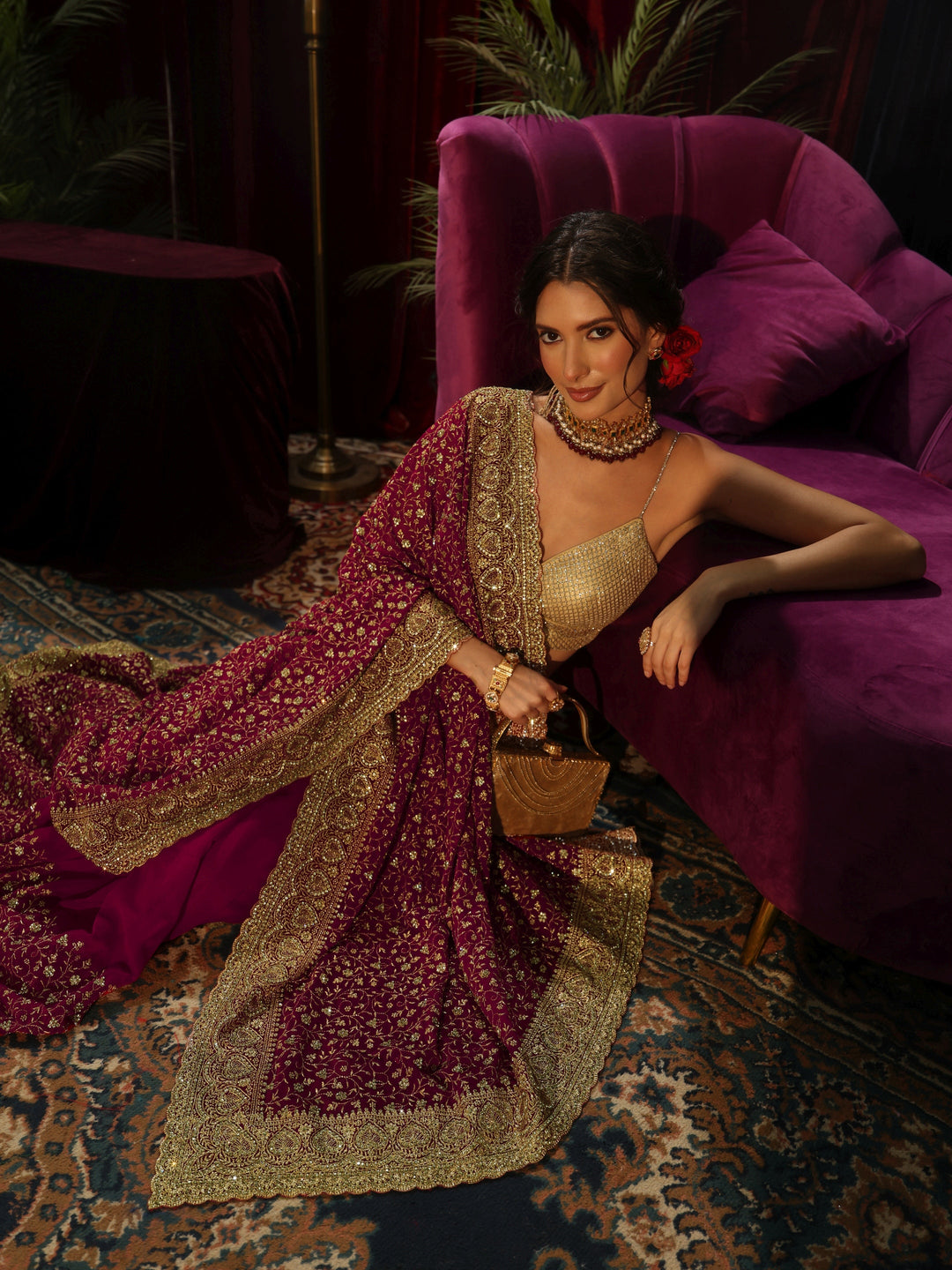 Libas Art Rani Pink Stone Work Georgette Saree