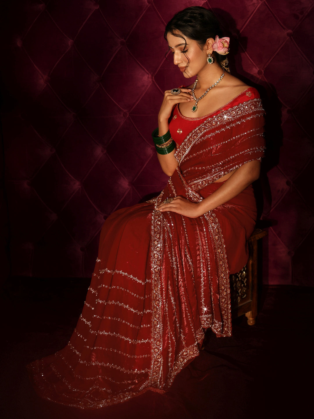 Libas Art Red Embellished Tissue Saree