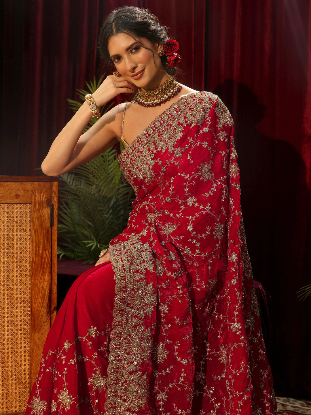 Libas Art Red Floral Embellished Tissue Saree