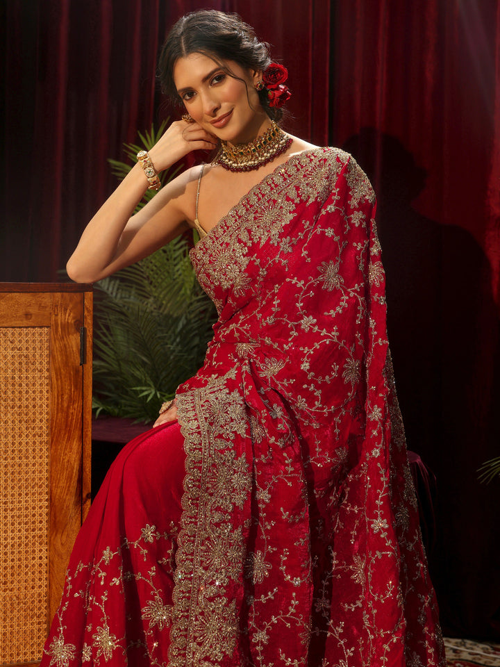 Libas Art Red Floral Embellished Tissue Saree