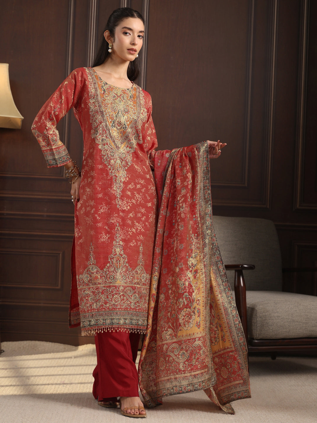 Libas Art Red Floral Embroidered Chanderi Silk Straight Suit Set