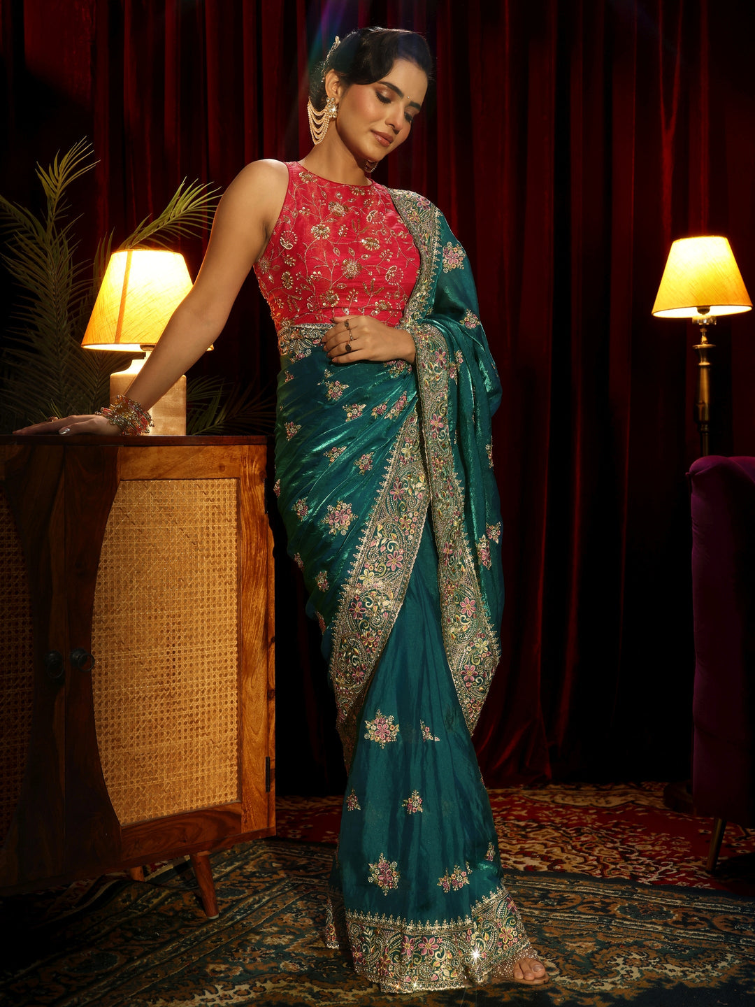 Libas Art Red Floral Embroidered Tissue Saree