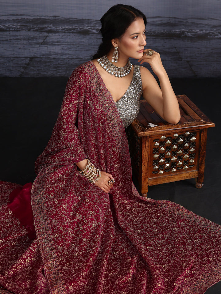 Libas Art Red Floral Embroidered Tissue Saree with Scalloped Border