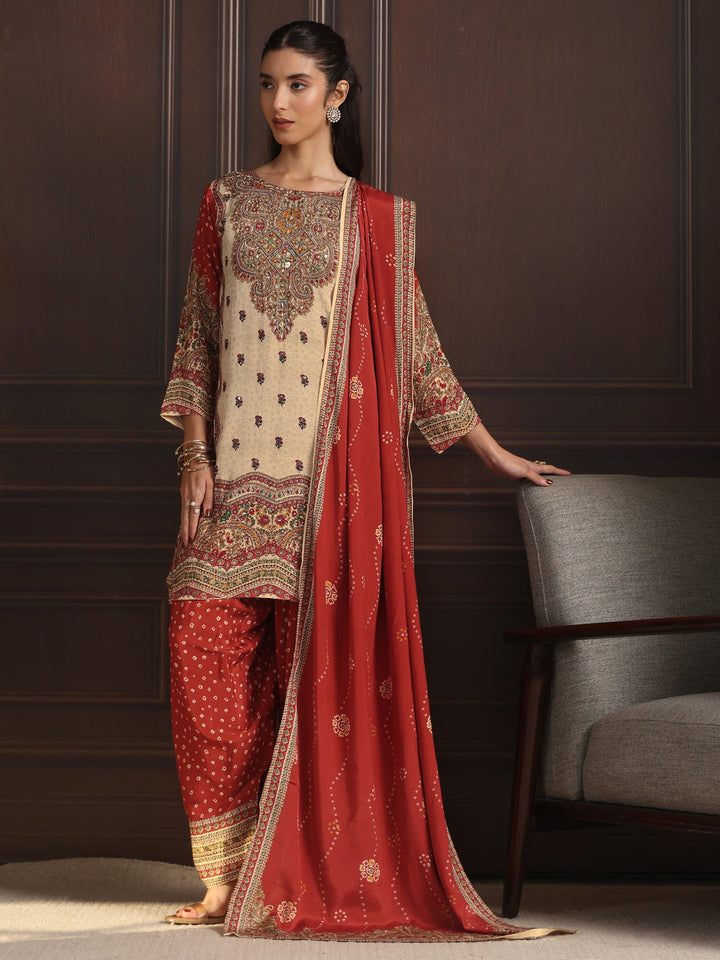 Libas Art Red Floral Printed Muslin Farshi Salwar Suit