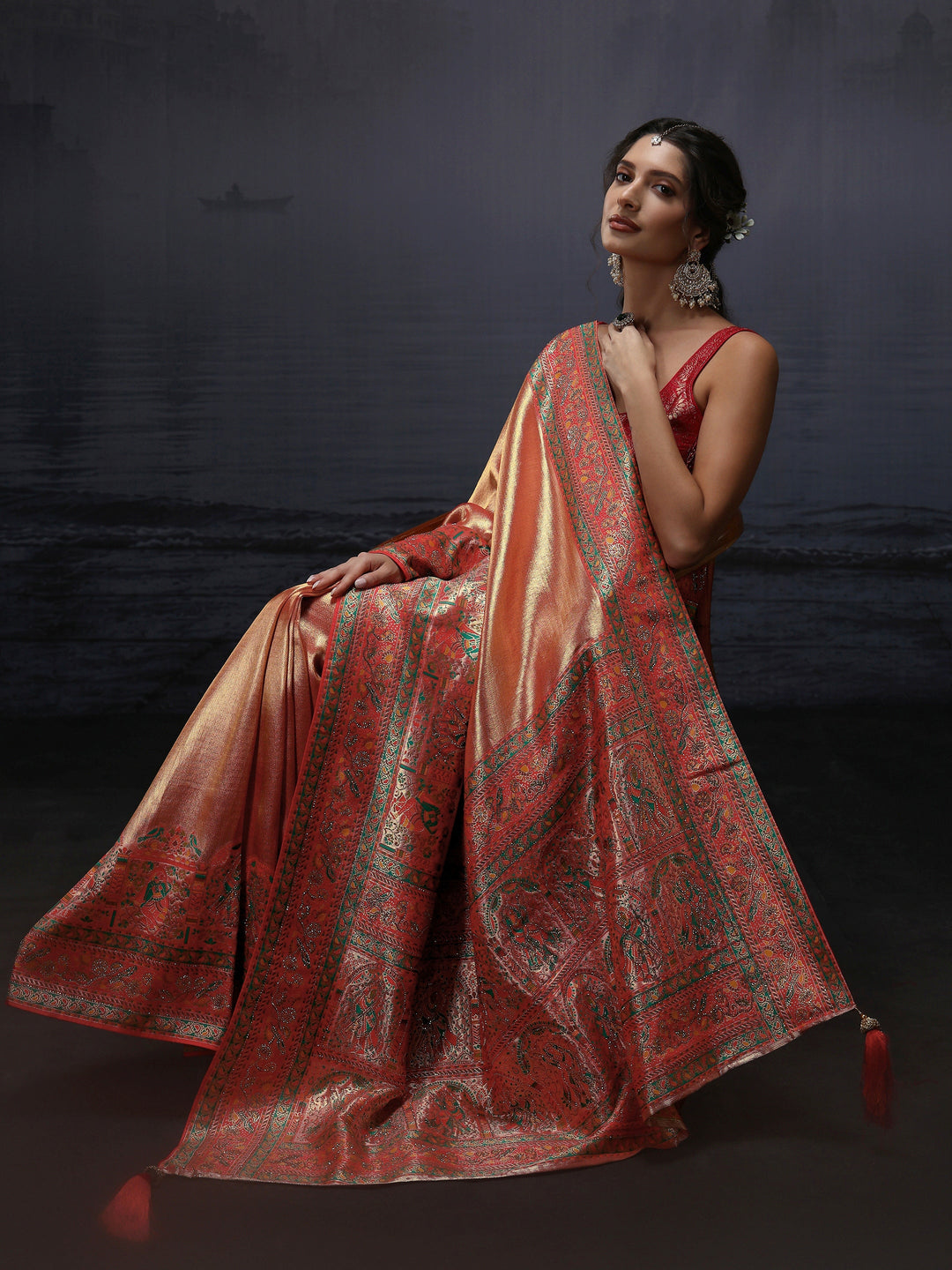 Libas Art Red Mughal Woven Design Silk Blend Saree with Stone Work