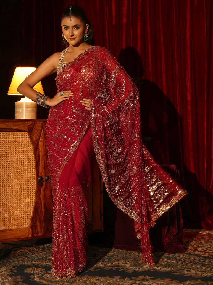 Libas Art Red Sequin Embellished Net Saree