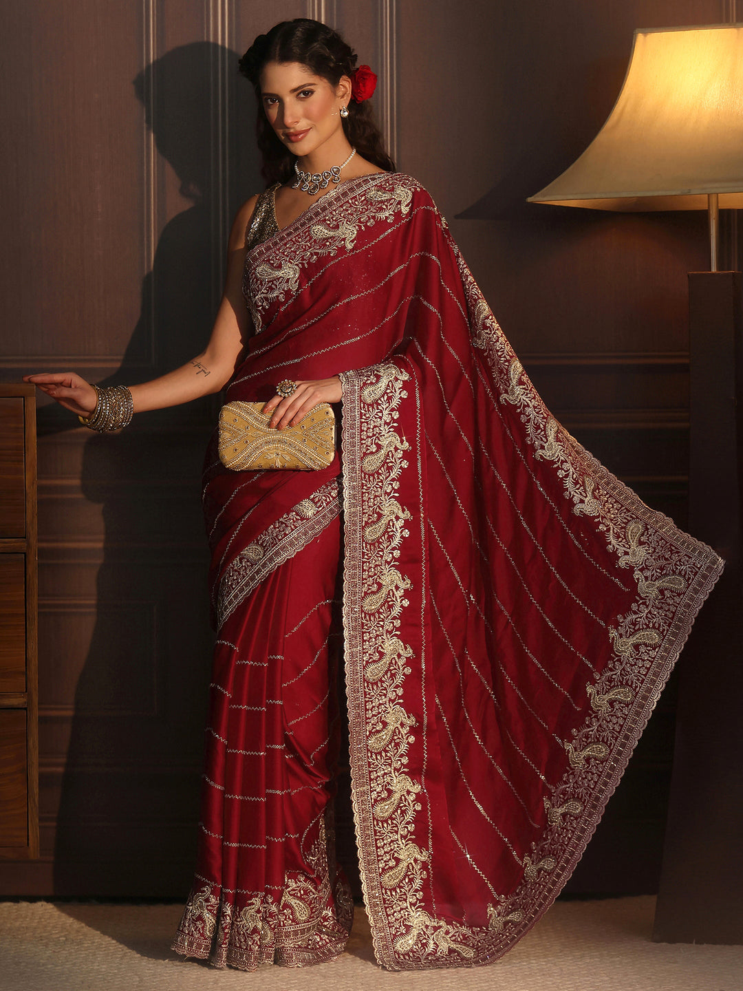 Libas Art Red Striped Chiffon Saree with Paisley Border
