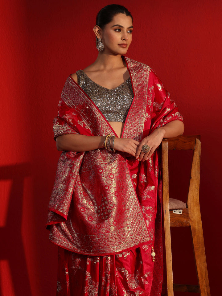 Libas Art Red Woven Design Stone Work Satin Saree