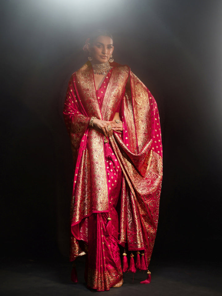 Libas Art Rose Pink Embellished Banarasi Silk Blend Saree with Dupatta