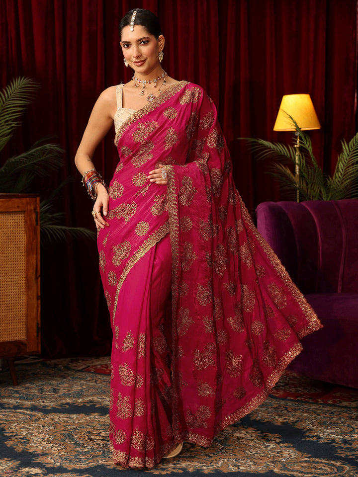 Libas Art Rose Pink Floral Embellished Tissue Saree