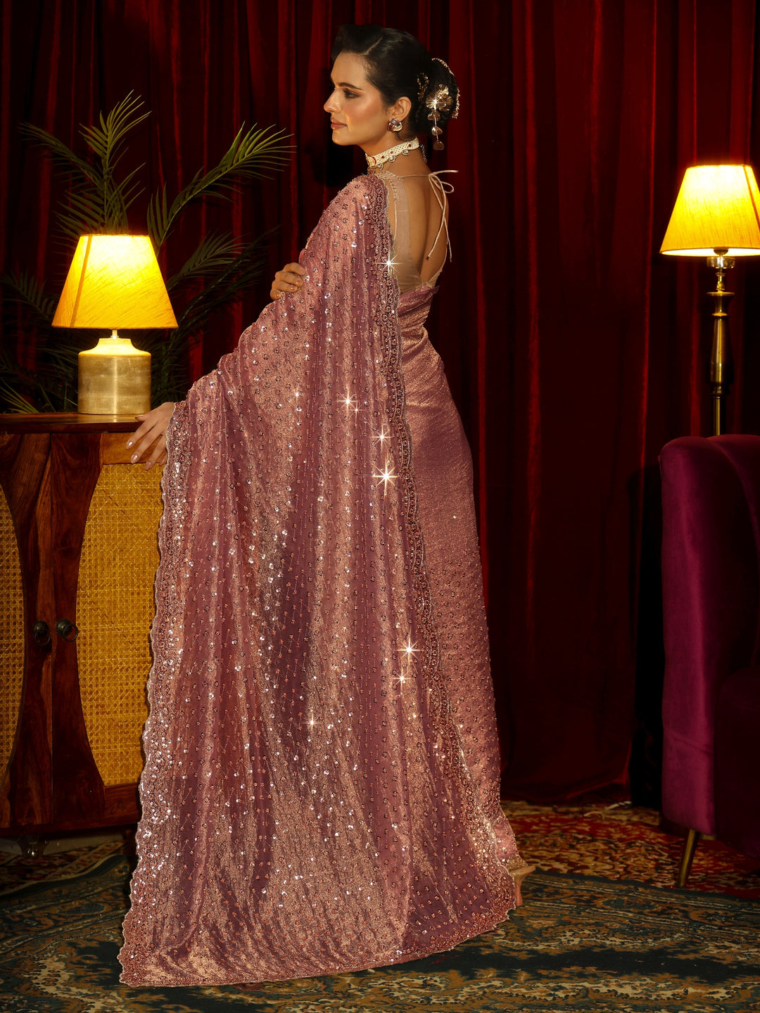 Libas Art Rose Pink Stone Work Embellished Tisue Saree