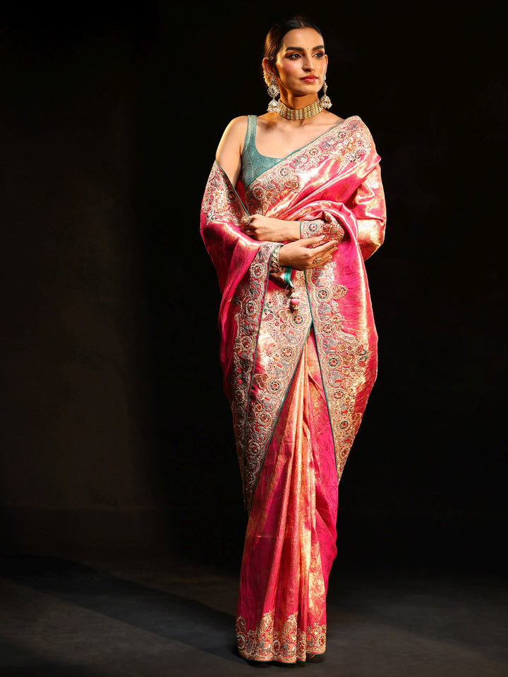 Libas Art Rose Pink Woven Design Saree with Embroidered Border