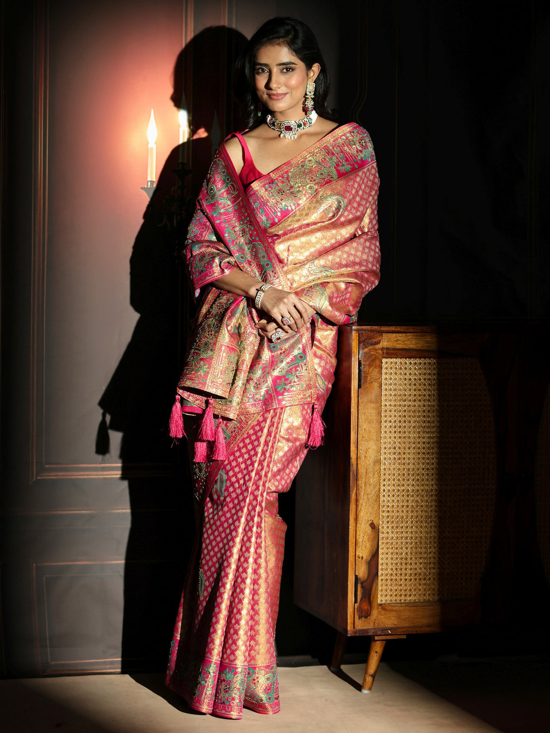 Libas Art Rose Pink Woven Design Silk Blend Saree