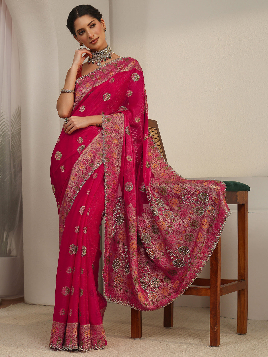 Libas Art Ruby Red Embellished Chiffon Saree