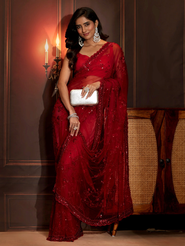 Libas Art Ruby Red Floral Embellished Net Saree