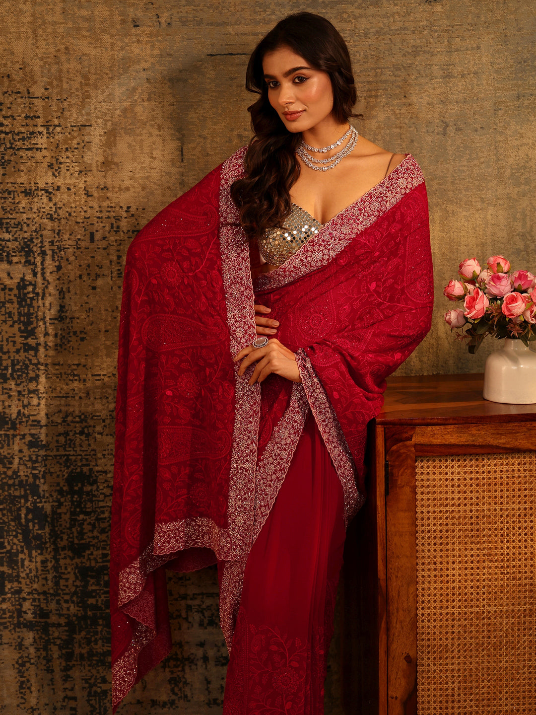 Libas Art Ruby Red Paisley Embroidered Georgette Saree
