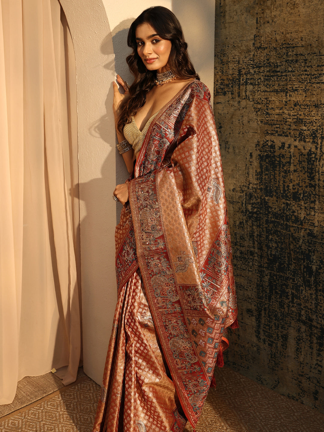 Libas Art Rust Brown Banarasi SIlk Blend Saree