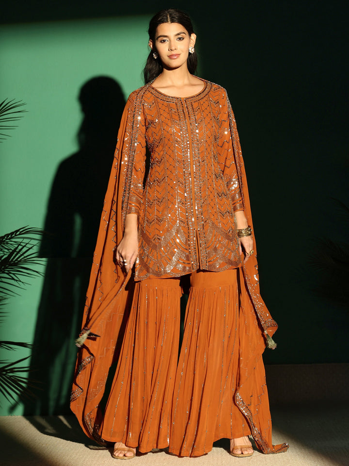 Libas Art Rust Brown Embellished Georgette Sharara Suit Set