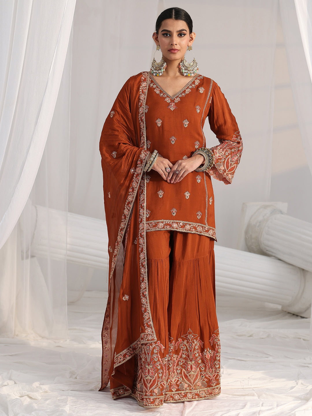 Libas Art Rust Brown Floral Embroidered Chinon Sharara Suit Set