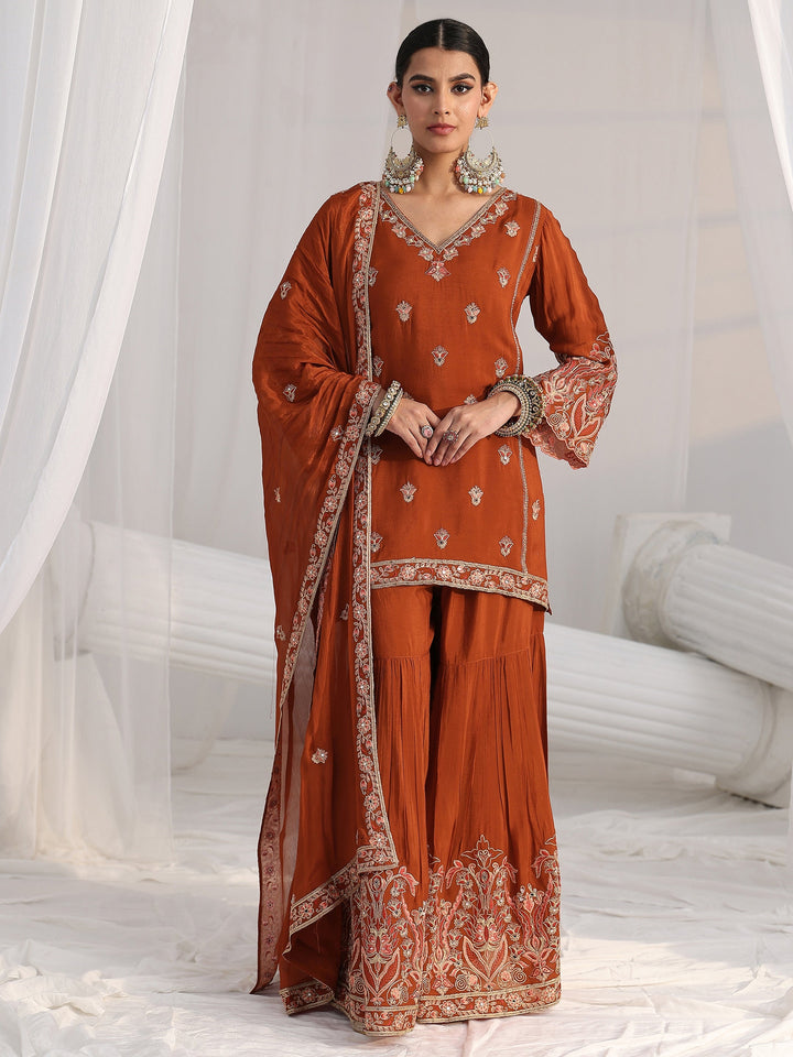 Libas Art Rust Brown Floral Embroidered Chinon Sharara Suit Set