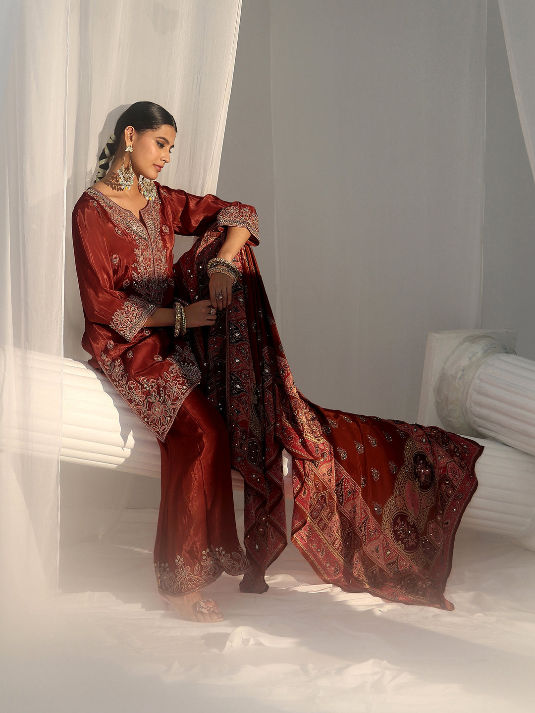 Libas Art Rust Brown Floral Embroidered Crepe Palazzo Suit Set