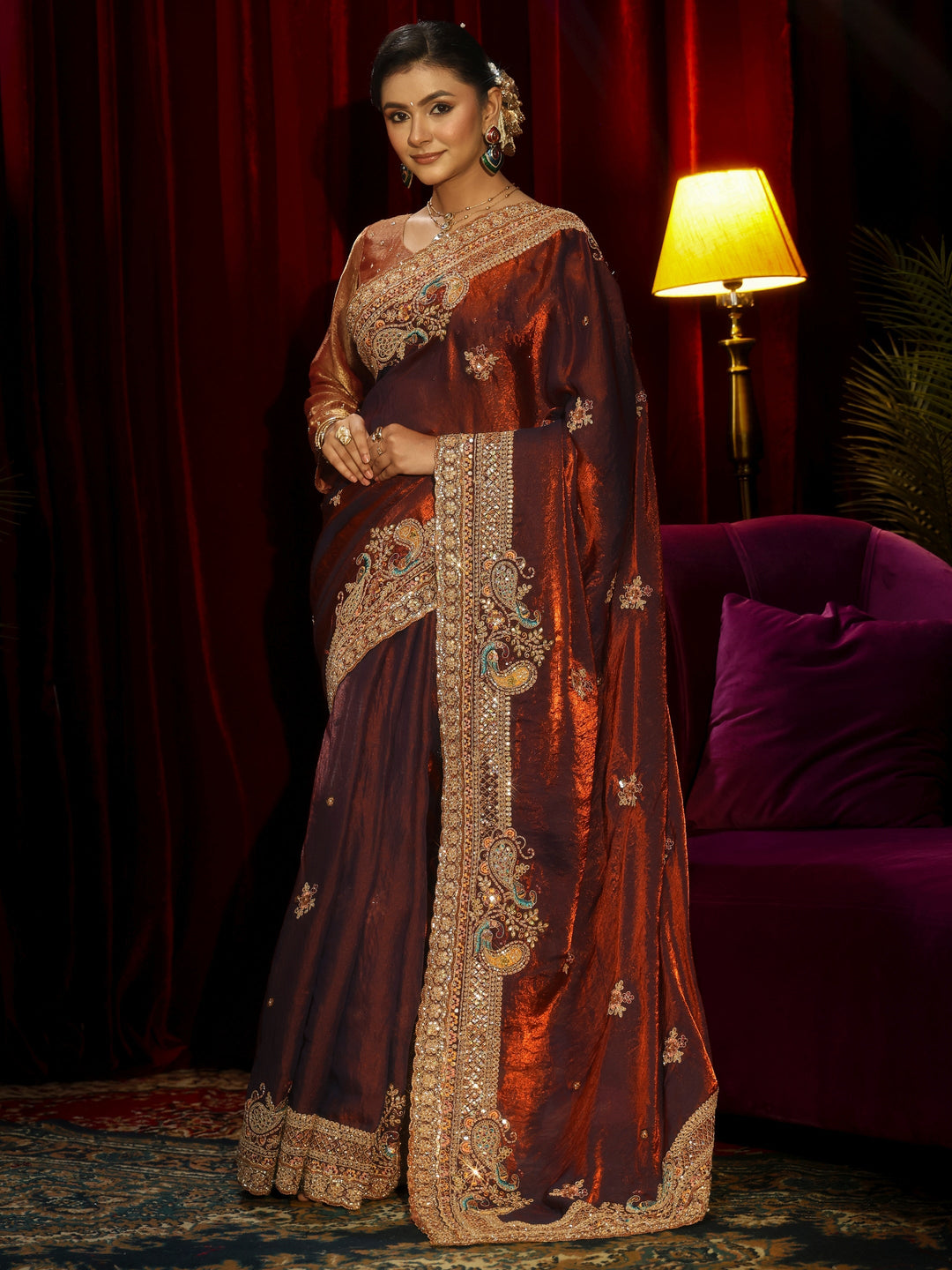 Libas Art Rust Brown Sequin Tissue Saree with Embellished Border
