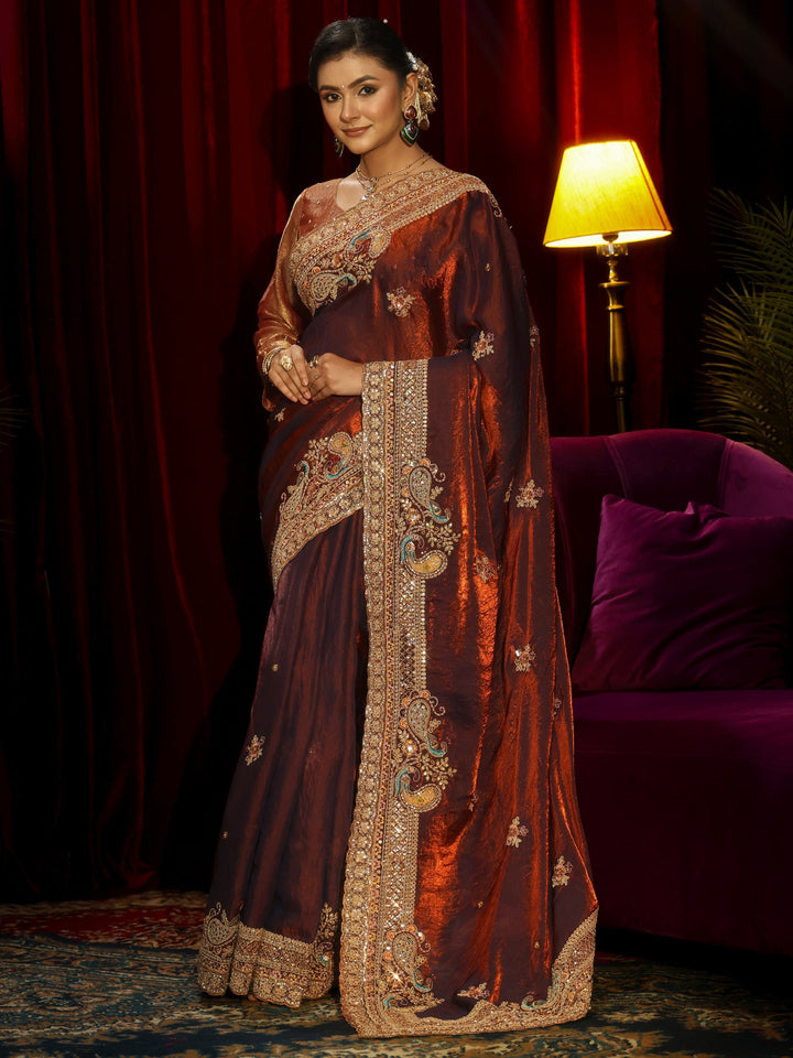 Libas Art Rust Brown Sequin Tissue Saree with Embellished Border