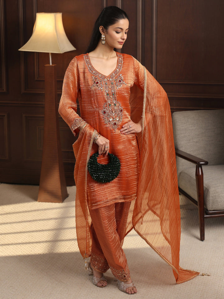 Libas Art Rust Red Yoke Design Embellished Tissue Farshi Salwar Suit