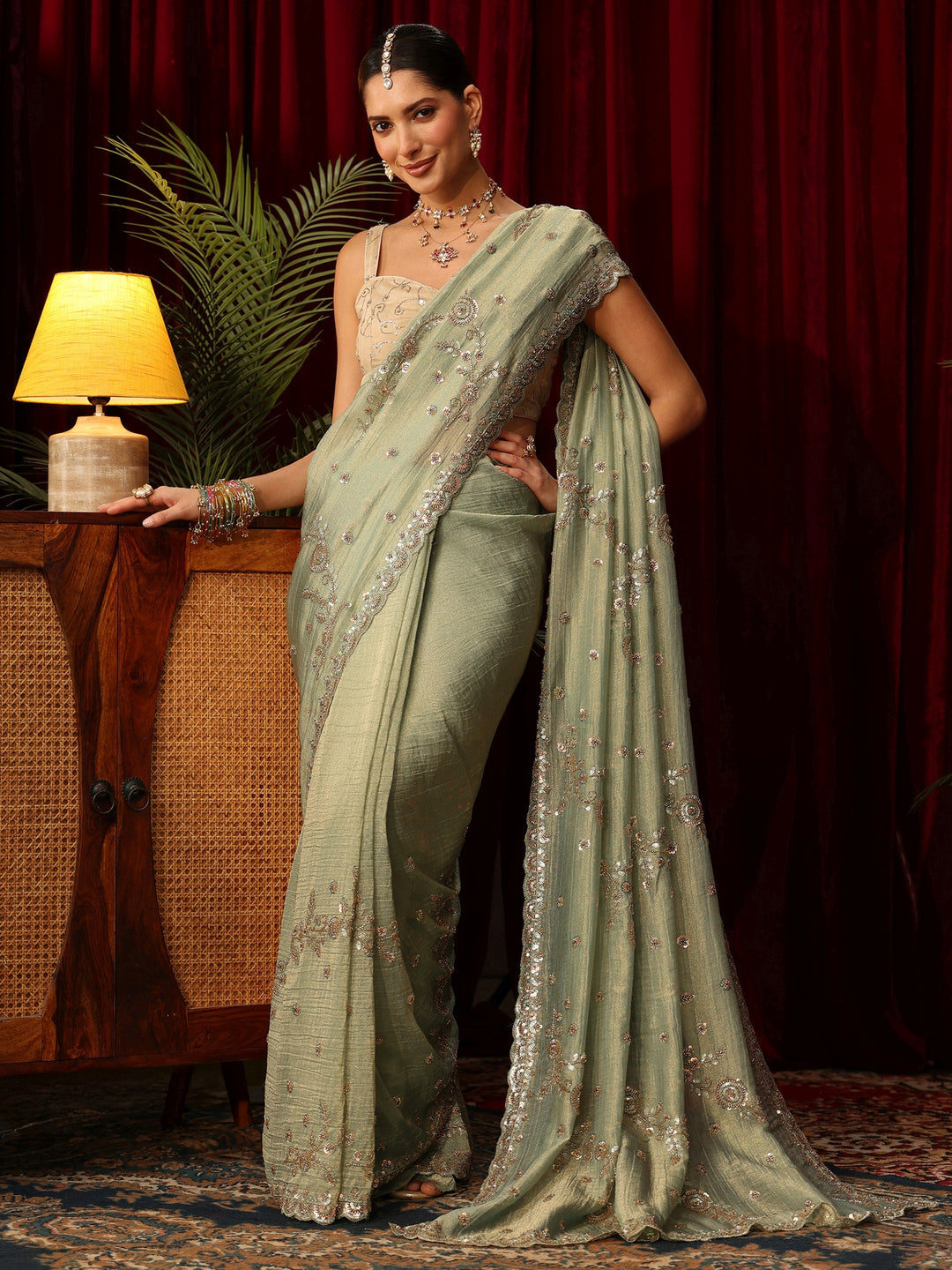 Libas Art Sage Green Beads and Sequin Floral Embellished Tissue Saree