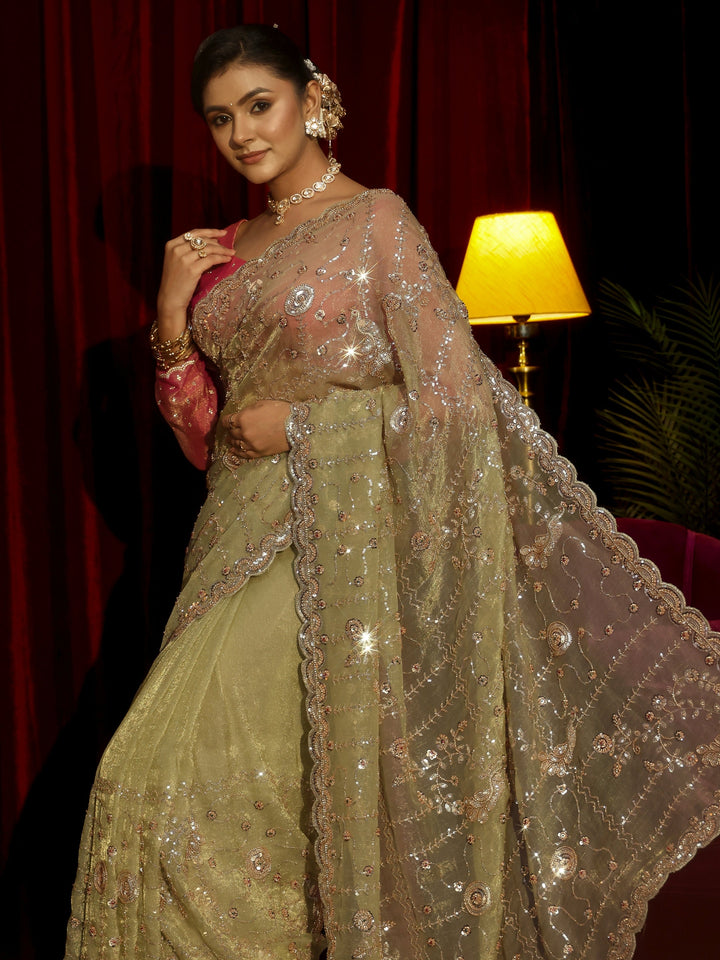 Libas Art Sage Green Embellished Tissue Saree