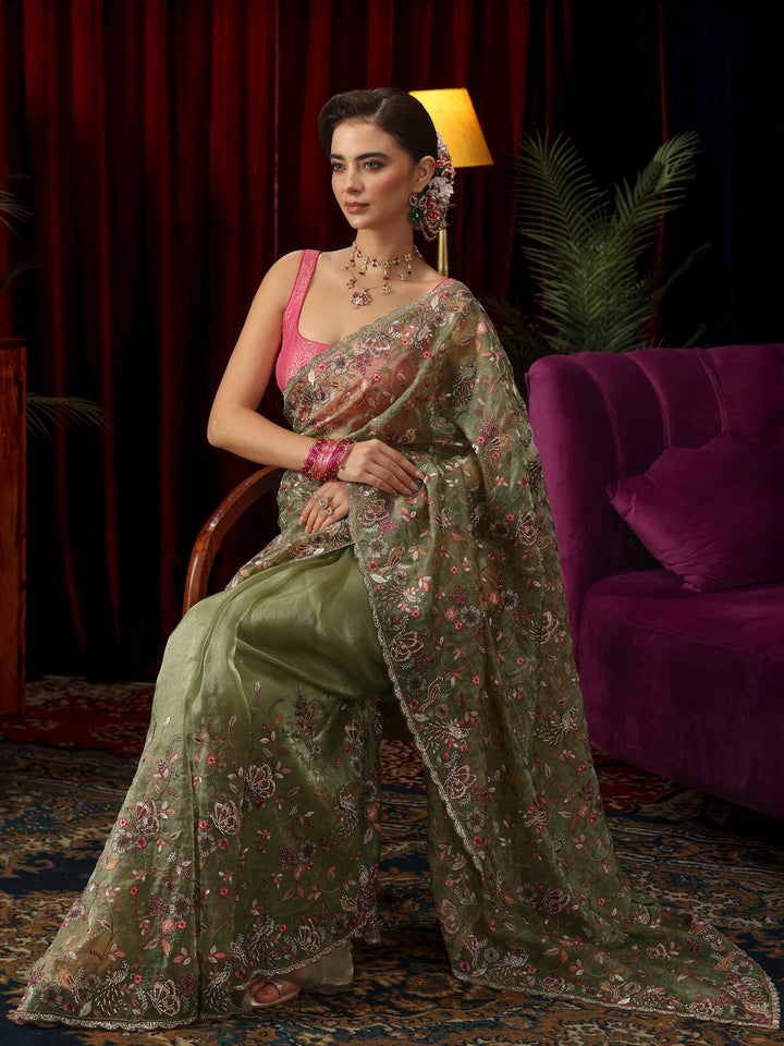 Libas Art Sage Green Floral Embellished Tissue Saree