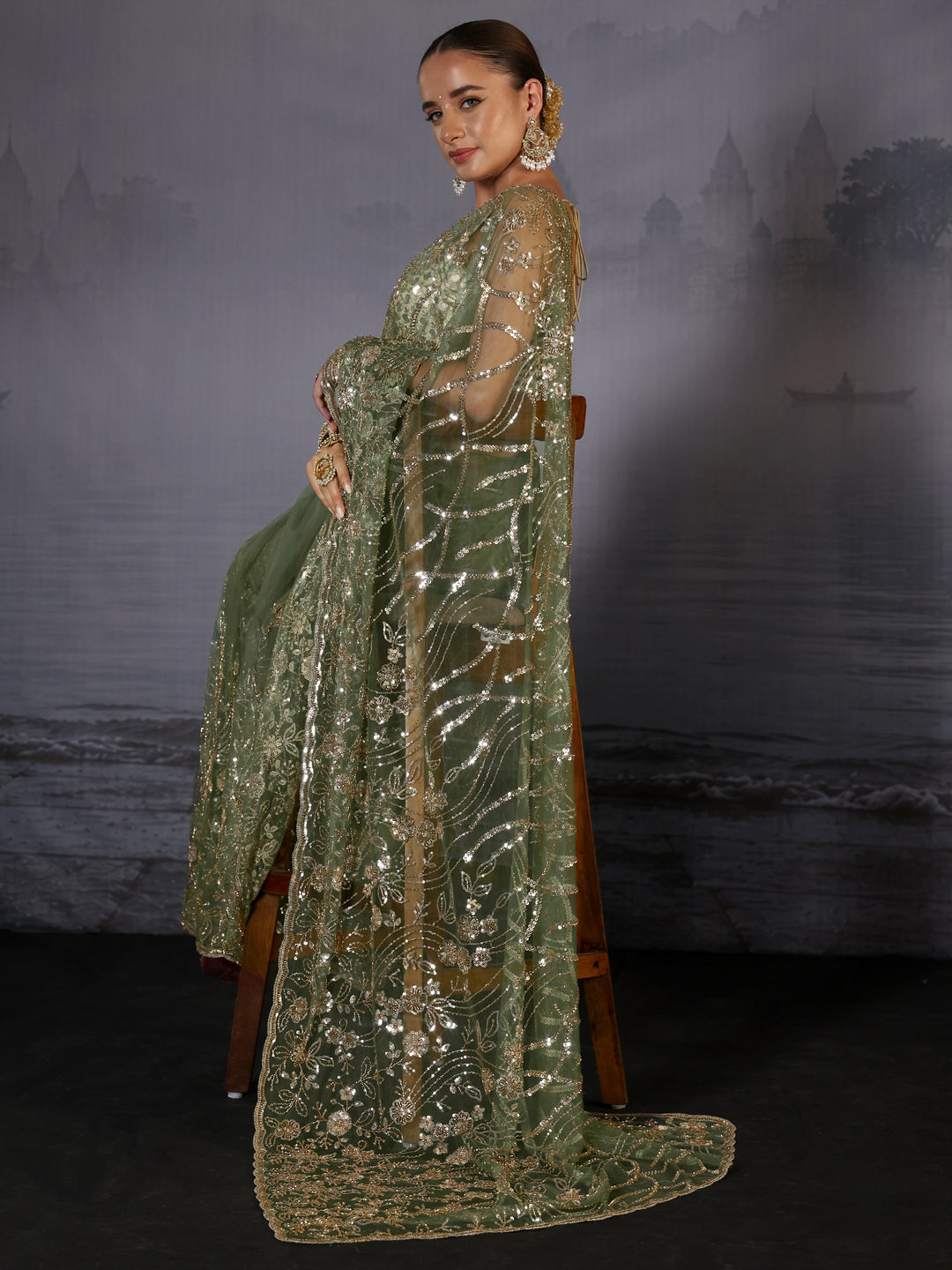 Libas Art Sage Green Sequin Embellished Net Saree