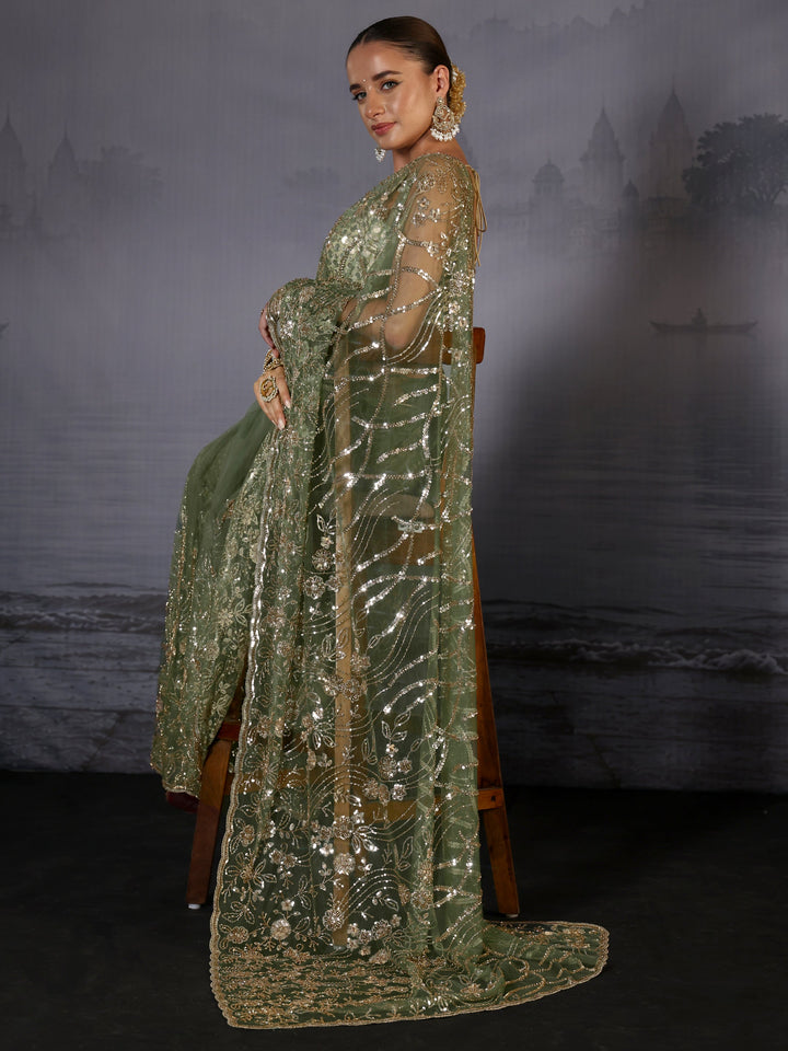 Libas Art Sage Green Sequin Embellished Net Saree