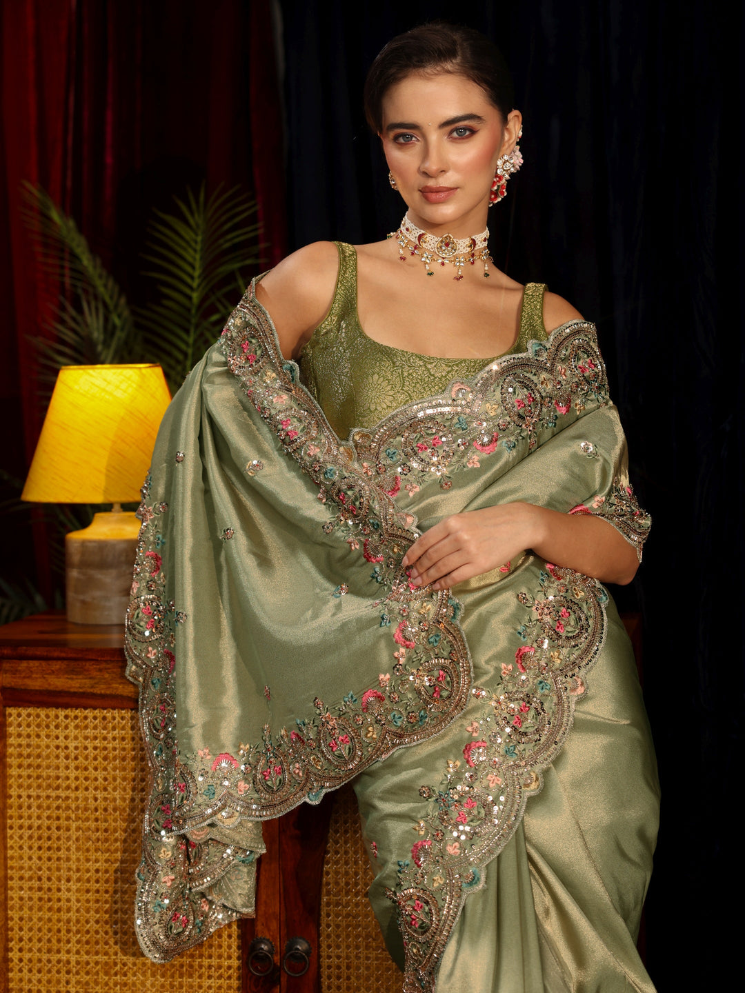 Libas Art Sage Green Sequin Silk Blend Saree with Floral Embroidered Border