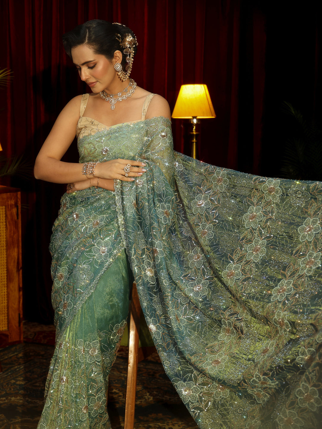Libas Art Sea Green Floral Embellished Tissue Saree