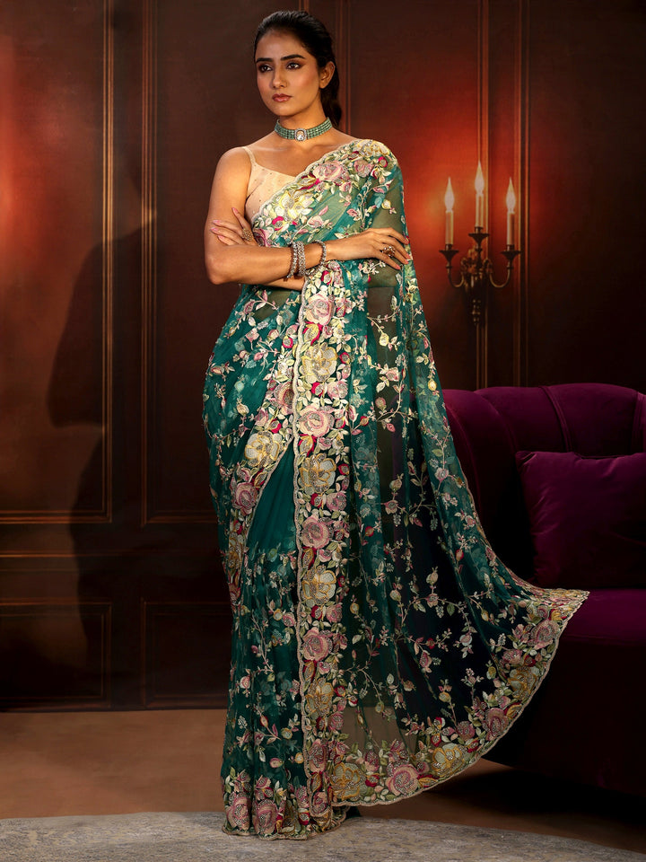 Libas Art Sea Green Floral Embroidered Net Saree