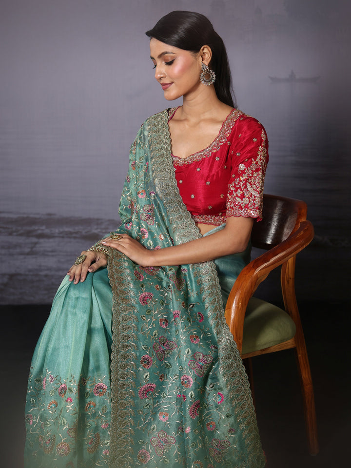 Libas Art Sea Green Floral Embroidered Stone Work Net Saree