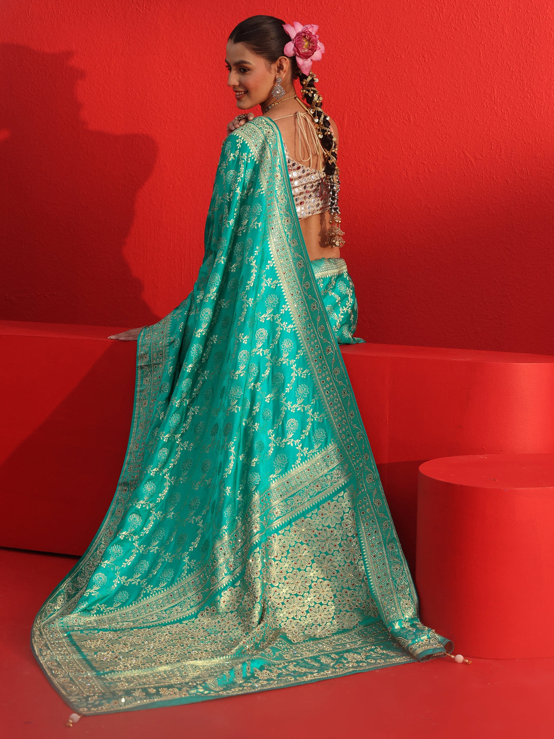 Libas Art Sea Green Woven Design Silk Blend Saree with Embellished Border