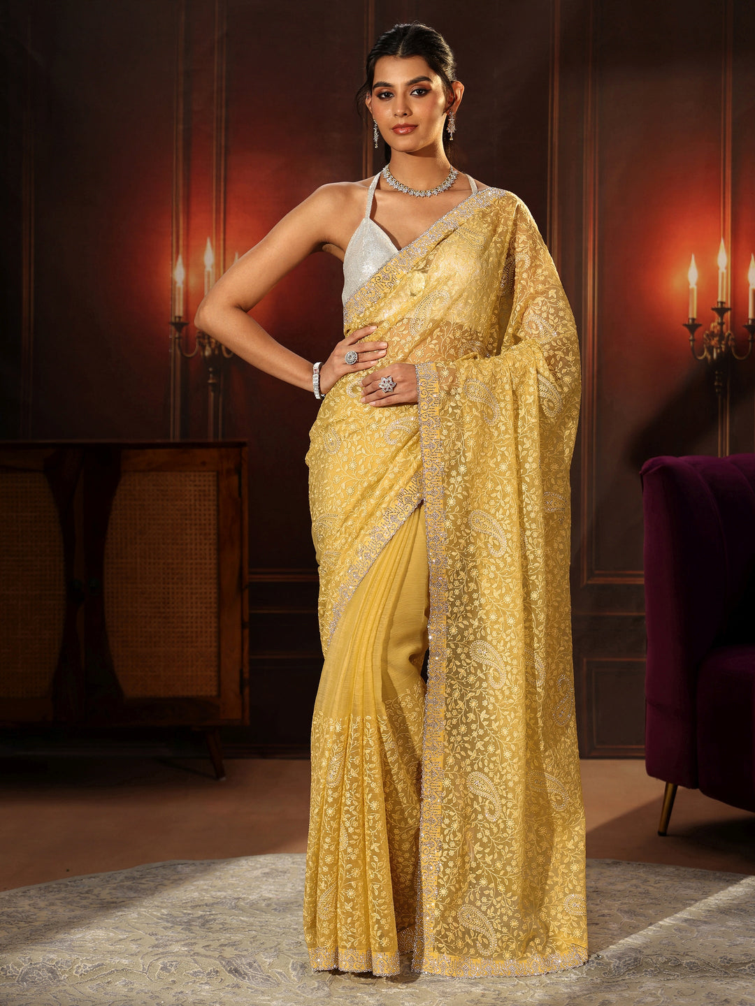 Libas Art Sunshine Yellow Floral Embroidered Chiffon Saree