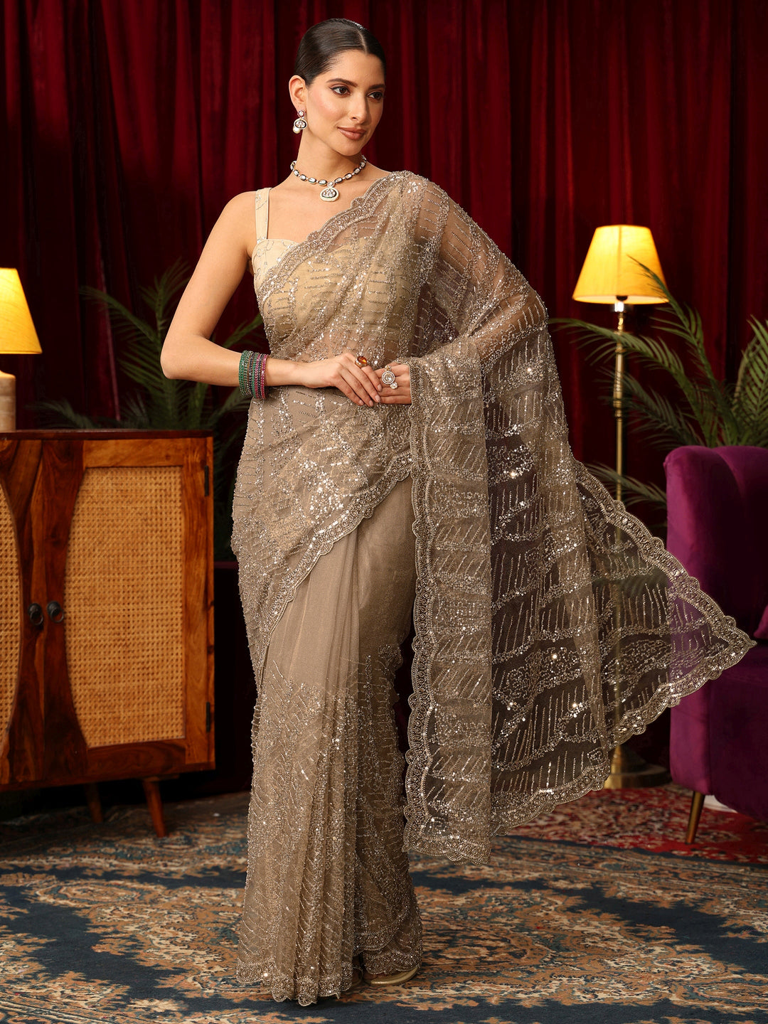 Libas Art Taupe Bead and Sequin Embellished Net Saree