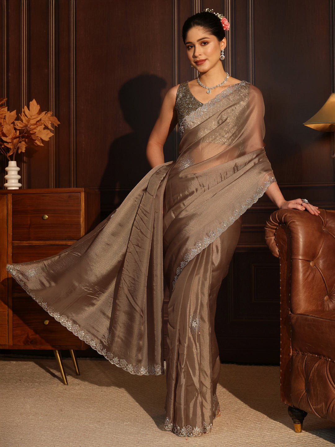 Libas Art Taupe Brown Floral Stone Work Embellished Tissue Saree