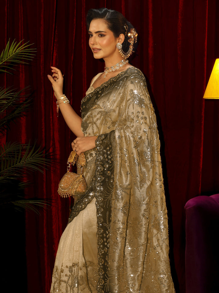 Libas Art Taupe Brown Sequin Embellished Tissue Saree